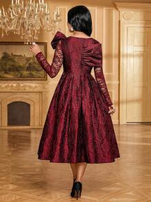 Fleurora Women's Floral Jacquard Bow Decor Contrast Lace Long Sleeve Elegant Mid-Length Dress - Burgundy - View 2