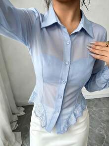 Selianne 女款優雅通勤純色蕾絲拼接上衣 - 藍色 - 查看 4