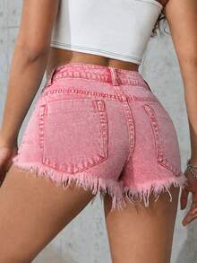 SHEIN PETITE 女款口袋磨損原色毛邊牛仔短褲 - 粉色 - 查看 2