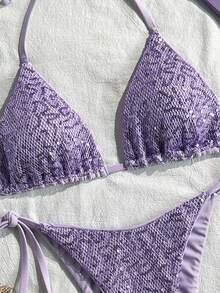 Costavie Swim Mod 兩件式比基尼套裝，春夏海灘度假風，亮片紋理面料，掛脖三角上衣搭配側綁帶泳褲，性感薰衣草紫 - 紫色 - 查看 4