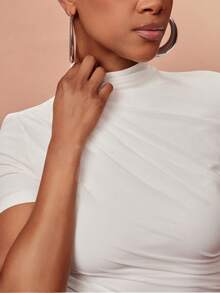 Vixey Solid Mesh Asymmetrical Ruched Mock Neck Short Sleeve Top, Elevated Casual, Casual Chic, Everyday Style, Off Duty - Beige - View 5