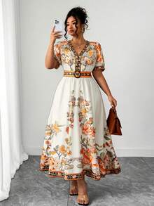 SHEIN Clasi Plus Size Women's Hot-Selling Fashionable Versatile Thai Maldives Travel Beach Vacation Bohemian Print Cinched Waist V-Neck Flutter Sleeve Flared Long Dress Spring Summer - Apricot - View 3