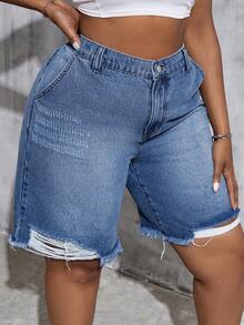 SHEIN Tall CURVE شورتات جينز زرقاء فاتحة مقاس كبير طويل بتصميم فضفاض وعملي وكاجوال مع حافة مهترئة وجيوب وأزرار، مناسبة للمناسبات الرسمية والعطلات وحفلات الصيف والريف - أزرق داكن - مشاهدة 8