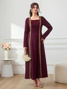 Al Najma Women's Long Sleeve Pleated Ruffle Square Neck Contrast Trim Arabian Dress - Red - View 3