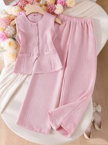 Tween Mädchen Rundhals einreihiges Top und lange Hose, lässiges Alltagsoutfit, Urlaubsoutfits, bequem, süß - Pink - Übersicht 1