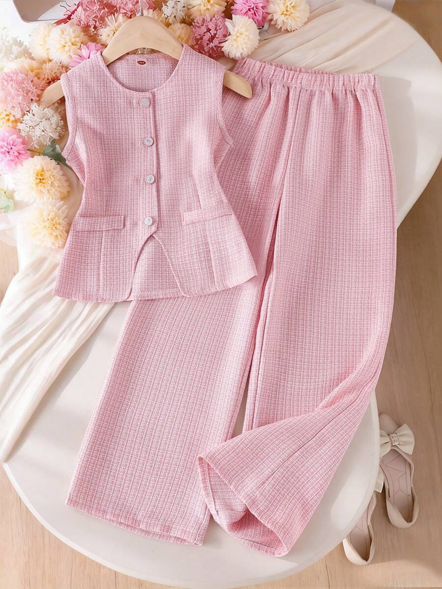 Tween Mädchen Rundhals einreihiges Top und lange Hose, lässiges Alltagsoutfit, Urlaubsoutfits, bequem, süß - Pink - Übersicht 1
