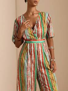 Vesra Women's Casual Tropical Boho Red Striped Jumpsuit For Vacation Summer Beach - Multicolor - View 6