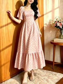 Modelyn 粉色碎花优雅连衣裙，女士时尚方领泡泡袖连衣裙，荷叶边下摆设计，夏季度假风连衣裙 - 彩色 - 查看 3