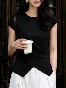 SHEIN All-Season Black Slim Fit Flattering Knit Women's Top, Elegant Commute Business Women's T-Shirt, Office Women's Top - Black - View 6