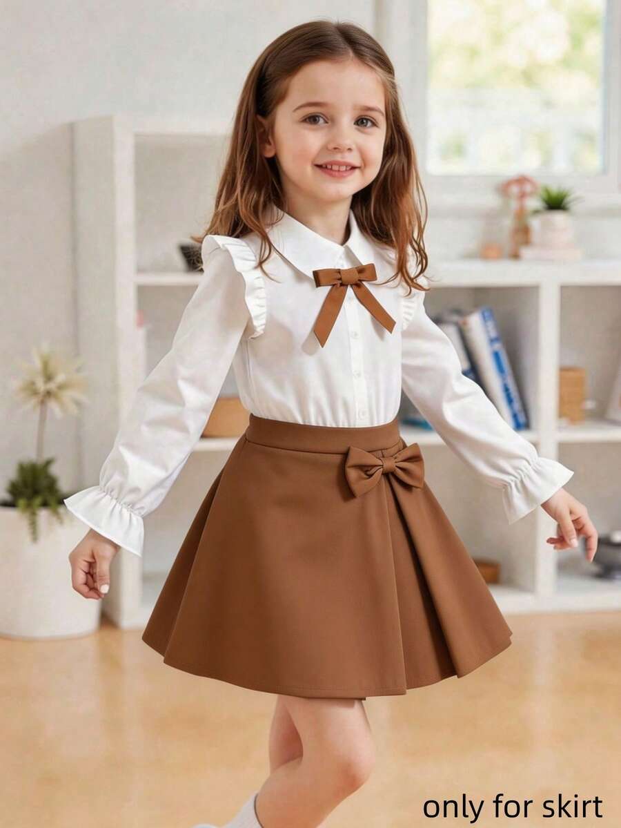 Souflis Souflis 1件女童A字裙，彈性腰頭，優雅時尚休閒戶外蝴蝶結裝飾裙，秋季