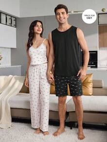 CoupledUp 男士純色細羅紋針織休閒睡衣套裝背心 - 黑色 - 查看 4