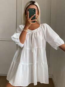 DAZY Camisón de mujer de unicolor holgado con lazo delantero, pijama de verano - Blanco - Ver 5