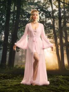 PinupPomp Women Robes Berikat Kontras Mesh Ruffle Hem Sheer Plain - Baby Pink - View 4