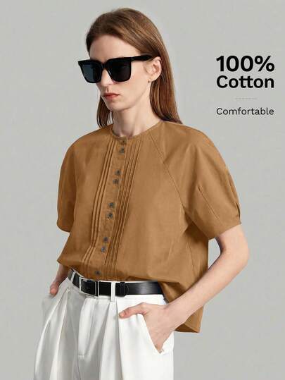 Ontre Women's Comfortable Skin-Friendly High-End Crisp Poplin Fabric Boat Neck Raglan Puff Sleeve Front Pleat Design Front Placket Closure Easy On-Off Modern Vacation Outfit Country Music Concert Casual Office Wear Urban Commute High-Quality Airport Outfit Casual Low-Key Old Money Style Premium Minimalist Luxury Texture Essential Outfit Fashion All-Season Versatile Clothing Vacation Series Women's Blouse