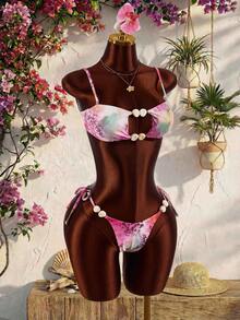 Amplova Women's Swimwear Set With Beaded Leopard Pink Details, Sexy Tropical Avant-Garde, Suitable For Vacation Beach Party Summer - Hot Pink - View 8