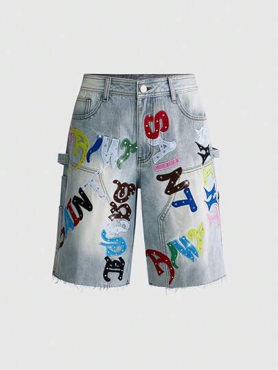 Street Life Damen Denim-Shorts, hellblau mit Applikations-Stickerei, Nieten, buntem römischen Muster und Sonne.