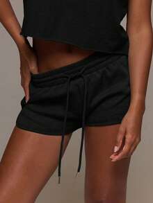 MUSERA ESSENTIALS Elasticated Tie Drawstring Waist Contrast Piped Hem Sweat Mini Shorts Cute Everyday Basics Sexy Daily Spring Summer Essential - Black - View 1