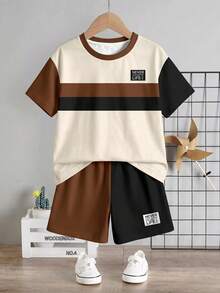 Young Boy Casual Minimalist T-Shirt Set, Classic Retro Striped Pattern Print, Text Logo Print, Suitable For School, Spring Summer Back-To-School - Multicolor - View 4