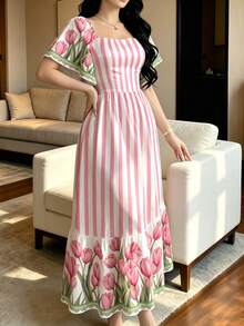 Modelyn 粉色條紋與鬱金香花卉印花法式風格洋裝，女款時尚方領短袖洋裝，荷葉邊下擺設計，夏季度假洋裝 - 彩色 - 查看 3