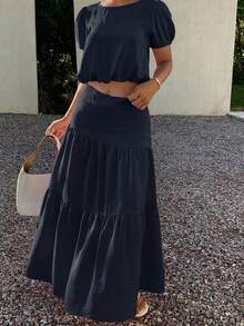 Livesso Women's 2 Pieces Set Round Neck Petal Sleeve Solid Navy Blue Cropped Top With Layered Full Skirt Maxi Summer Lounge Sets Vacation Casual - Navy Blue - View 4