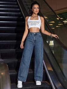 SHEIN ICON 休閒水洗直筒牛仔褲 學生款 水藍色 夏季 - 藍色 - 查看 6