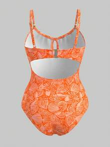 Sweetra CURVE Burnt Orange Summer Boho Beach Wedding Holiday Elegant Printed One-Piece Swimsuit,Adjustable Straps,Cute Bow Accent, Hollow-Out Back,2026 New Vacation - Multicolor - View 2