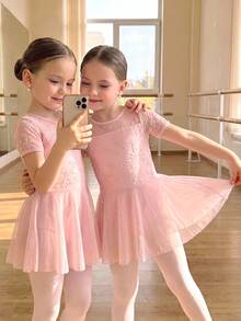 SHEIN Young Girls Clothes Sportswear,Light Pink Floral Ballet Skirt, Cute, Christmas, Back To School - Pink - View 2