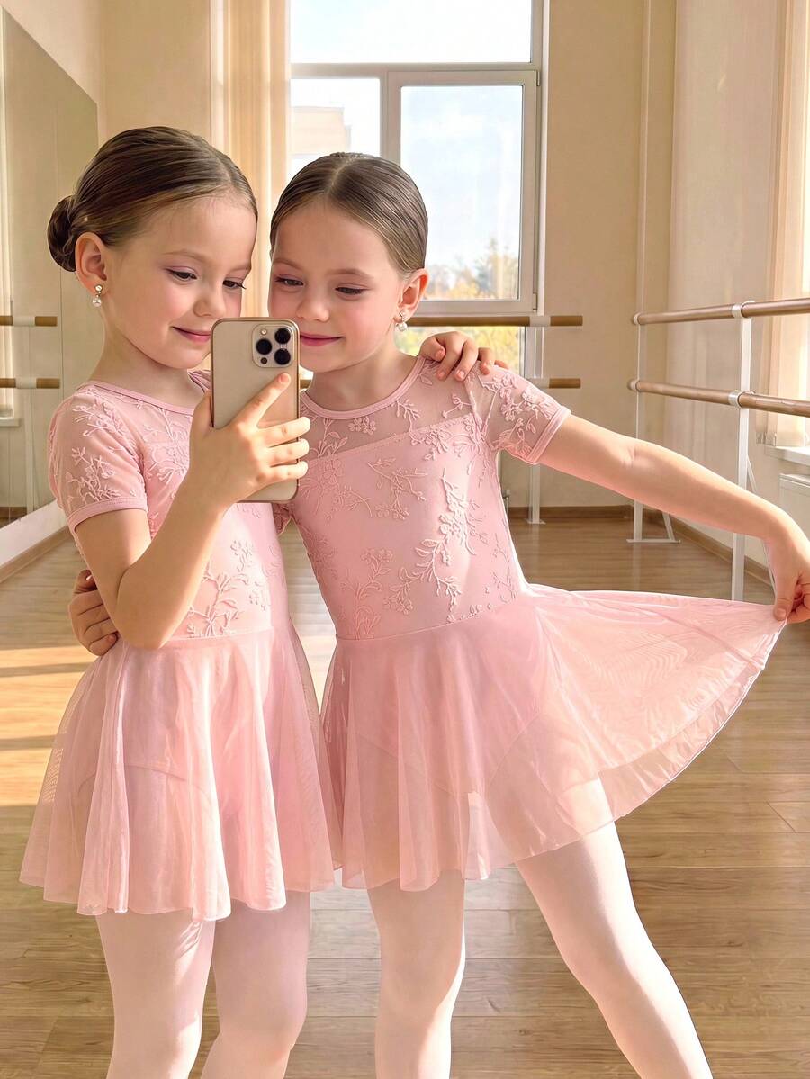 SHEIN Young Girls Clothes Sportswear,Light Pink Floral Ballet Skirt, Cute, Christmas, Back To School