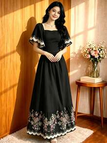 Turtle Leaf, Coconut Tree, Scattered Leaf And Small Flower Plant Silhouette, Square Neck And Short Sleeve Dress With Ruffle Design At The Hem, Summer Vacation Style - Multicolor 14 - View 7