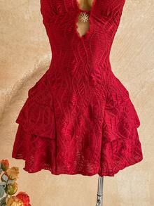Soleia Women's Vacation Vintage Sexy Energetic Textured Metal Sun Decoration Halter Neck Tie Multi-Layer Ruffle Dress Club Night Red Summer - Burgundy - View 5