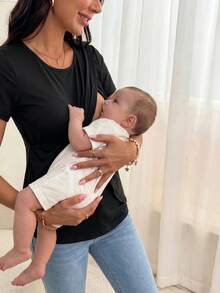 Modmama 孕妇两件套休闲哺乳T恤，简约时尚，适合日常穿着 - 黑與白 - 查看 3