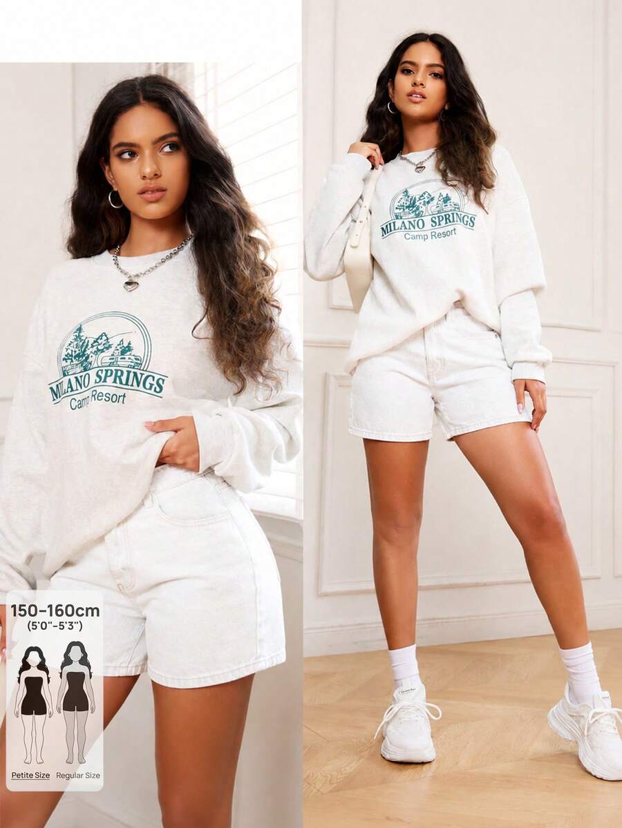 SHEIN PETITE 女款休閒百搭牛仔短褲,附口袋 - 白色 - 查看 1
