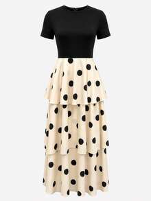 SHEIN LUNE Women's Polka Dot Round-Neck Short-Sleeve Black Cinched Waist Dress Dinner Party Summer Vintage Elegant - Multicolor - View 7