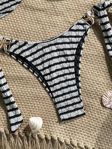 Swim Vcay 女款兩件式比基尼套裝，紋理多色面料，掛脖綁帶上衣，可愛三角泳褲，海星裝飾，熱銷海灘度假休閒優雅情人節派對比基尼套裝，假期優雅海灘穿搭 - 彩色 - 查看 5
