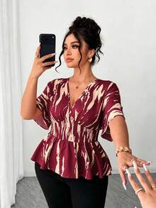 SHEIN Elenzya 女款大尺碼V領蝙蝠袖休閒襯衫，適合外出、派對與通勤 - 紅色 - 查看 5