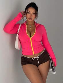 SHEIN Dewbera Spring/Autumn Plus Size Women's Sports Jacket, Dopamine Magenta Long Sleeve Regular Fit Stand Collar Contrast Color Neon Green Full Zip Solid Color Fashion Versatile, Suitable For Daily Casual, Running, Yoga, Gym, Tennis, Golf - Hot Pink - View 6