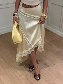 Siren Gaze Fall Autumn Satin Yellow Women Lace Trim Patchwork Casual Asymmetrical Skirt Festival Halloween Back To School Party Wedding Birthday Elegant Formal - Light Yellow - View 3