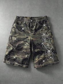 ROMWE MEN Shorts Denim Masculino Casual Versátil com Strass e Estampa Camuflada - Verde Militar - Visão 8
