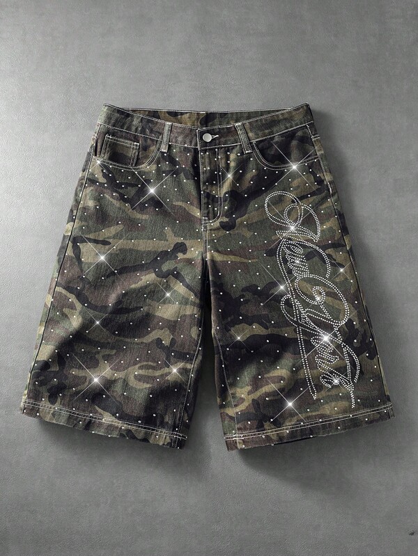 ROMWE MEN Camouflage Fashion Rhinestone Casual Versatile Men's Denim Shorts