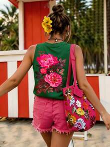 DrmWander Plus Size Women's Floral Print Round Neck Casual Tank Top - Green - View 5