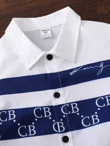 SHEIN Casuvi Kids 男童 CB 字母印花襯衫套裝，休閒 2 件套穿搭 - 藏蓝色 - 查看 3