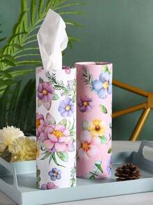 Spring Floral Round Car Tissue Box, Cylindrical Tissue Canister Fits Vehicle Cup Holder, Portable Travel Facial Tissue Storage Container For Car Office Bathroom Kitchen Wedding Birthday Holiday Party Home Decor - Multicolor - View 3