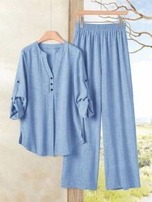 Rusticease Women's Notch V-Neck Rolled Sleeve Casual Fabric Shirt And Wide Leg Pants Set - Blue - View 7