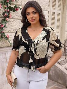 SHEIN Clasi Plus Size Vacation Fashion Floral Print Sheer Ruffle Tie Front Blouse - Multicolor - View 4