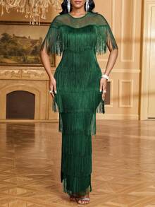 Fleurora Women's Rhinestone Mesh Patchwork Round Neck Multilayer Tassel Design Fitted Maxi Elegant Dress - Dark Green - View 9