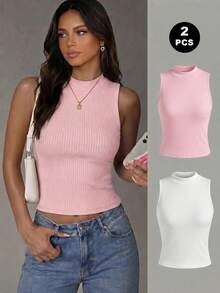 Paquete de camisetas de tirantes de algodón con punto acanalado para mujer, cuello redondo, ajuste ceñido, estilo básico casual. - Rosa - Ver 1