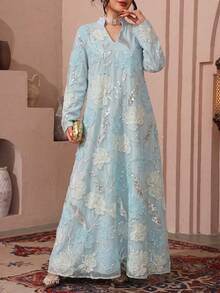 SHEIN Najma 女款刺繡珠飾網布休閒寬鬆日常長款睡袍 - 淺藍色 - 查看 5