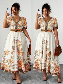 SHEIN Clasi Plus Size Women's Hot-Selling Fashionable Versatile Thai Maldives Travel Beach Vacation Bohemian Print Cinched Waist V-Neck Flutter Sleeve Flared Long Dress Spring Summer - Apricot - View 1