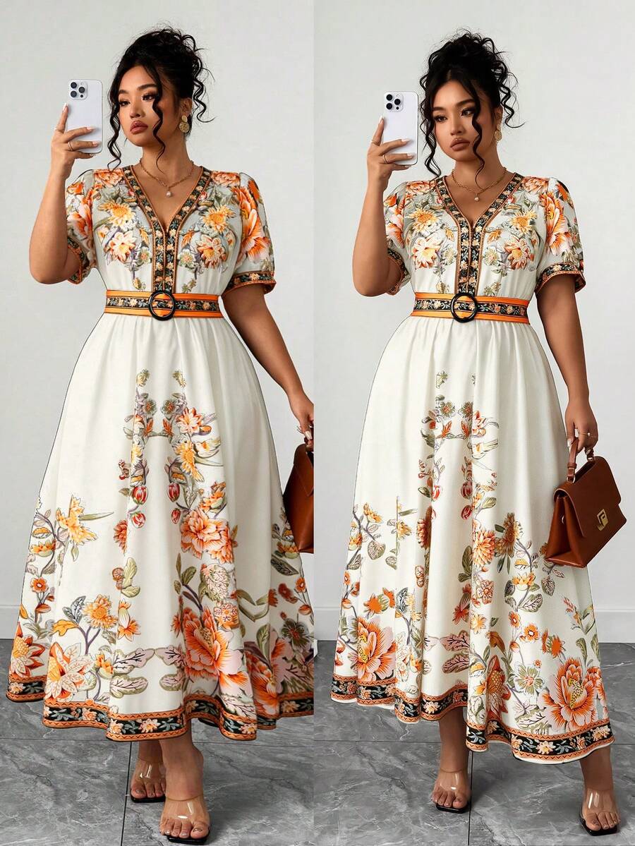 SHEIN Clasi Plus Size Women's Hot-Selling Fashionable Versatile Thai Maldives Travel Beach Vacation Bohemian Print Cinched Waist V-Neck Flutter Sleeve Flared Long Dress Spring Summer - Apricot - View 1