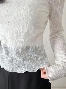 FRIFUL 女款波浪荷葉邊條紋鬆身對比色邊短袖T恤，夏季休閒上衣 - 米色 - 查看 7